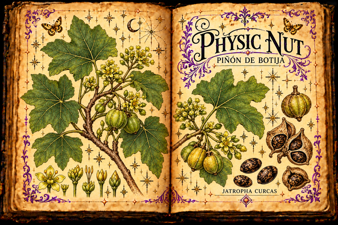 Open grimoire illustration of Physic Nut (Jatropha curcas), also titled Piñón de Botija