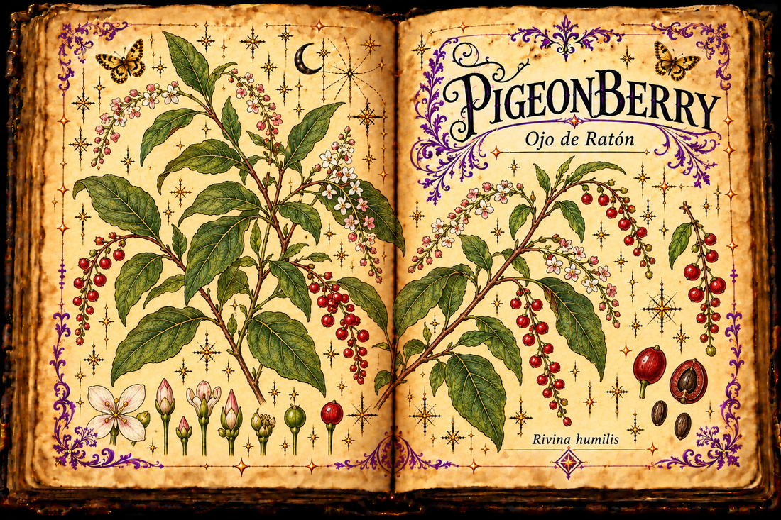 Open aged-parchment grimoire botanical study of Pigeonberry (Ojo de Ratón), Rivina humilis, with slender flower and red-berry racemes.