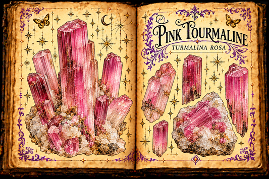 Open aged-parchment grimoire with ink and watercolor studies of rough pink tourmaline crystals, titled Pink Tourmaline and Turmalina Rosa.