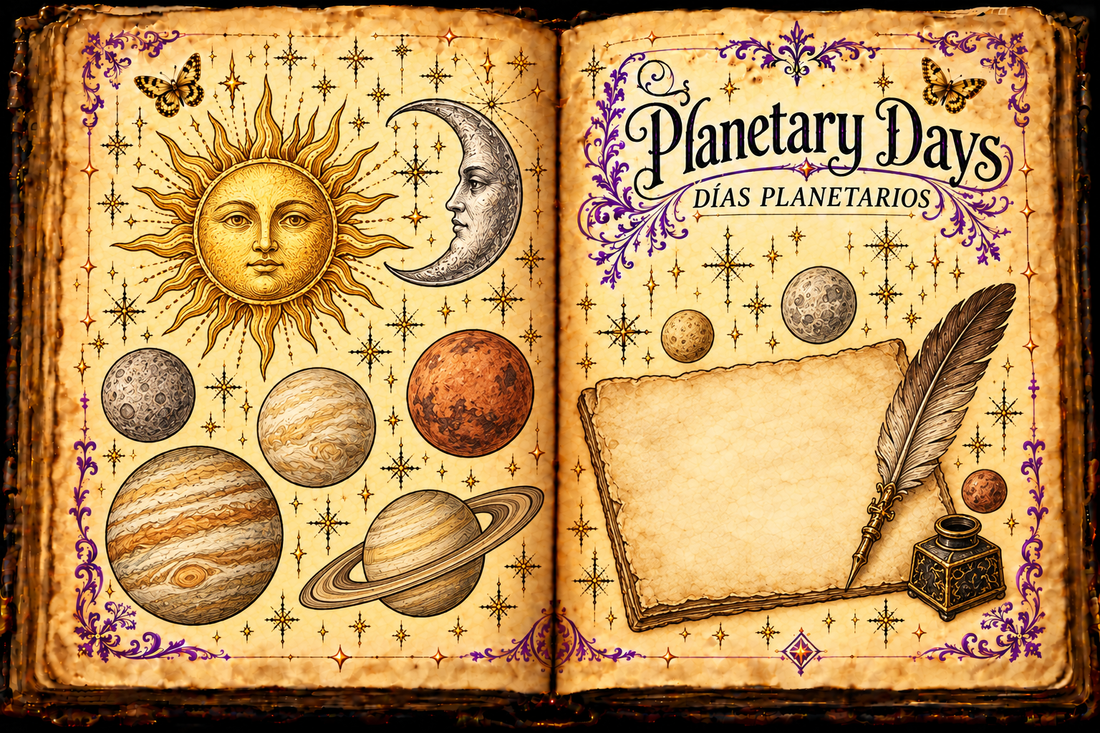 Open aged-parchment grimoire with decorative Sun, Moon and planet studies, a blank writing page, purple flourishes and the titles Planetary Days and Días planetarios.