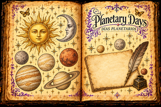 Open aged-parchment grimoire with decorative Sun, Moon and planet studies, a blank writing page, purple flourishes and the titles Planetary Days and Días planetarios.
