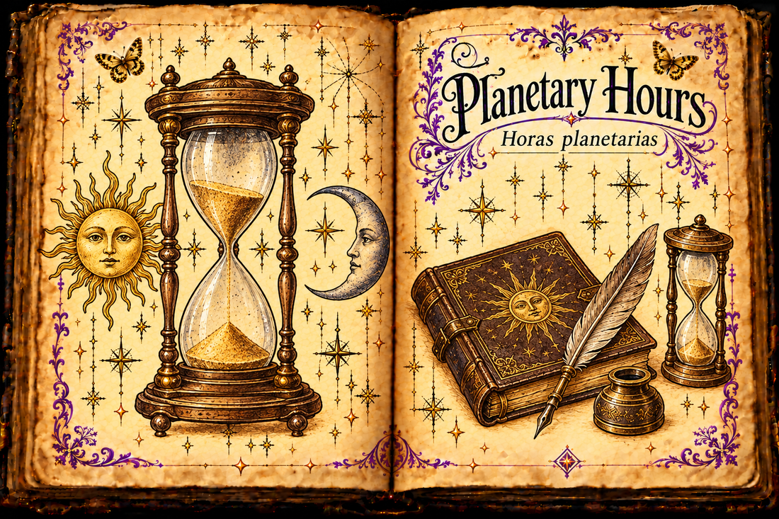 Open aged-parchment grimoire titled Planetary Hours and Horas planetarias, with ink-and-watercolor hourglasses, sun and crescent moon faces, a notebook, quill and inkpot, purple flourishes and small gold butterflies.