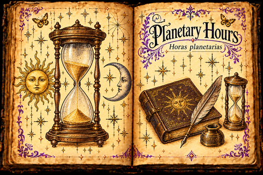 Open aged-parchment grimoire titled Planetary Hours and Horas planetarias, with ink-and-watercolor hourglasses, sun and crescent moon faces, a notebook, quill and inkpot, purple flourishes and small gold butterflies.