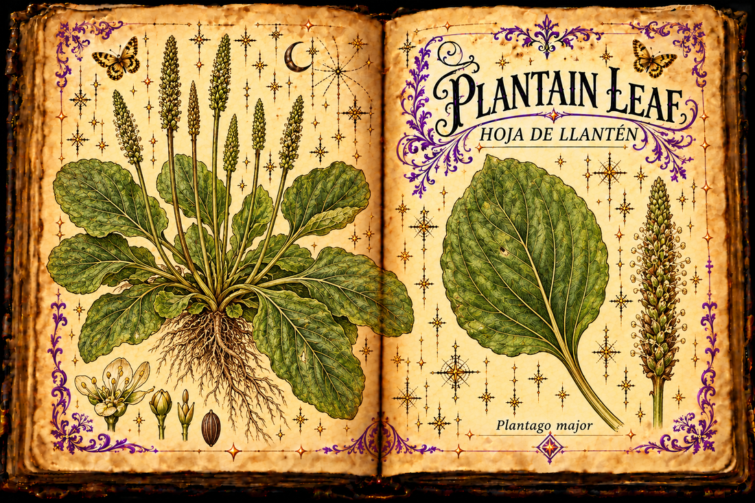 Open aged-parchment grimoire showing Plantago major broad oval ribbed leaves in a basal rosette, leafless flower spikes and fibrous roots, purple flourishes and gold butterflies, titled Plantain Leaf and Hoja de Llantén