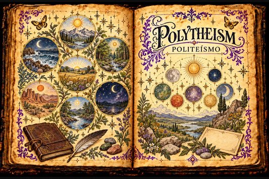 Open aged-parchment grimoire titled Polytheism and Politeísmo, with seven landscape studies, celestial lights, a notebook, quill, stones, purple flourishes and gold butterflies.