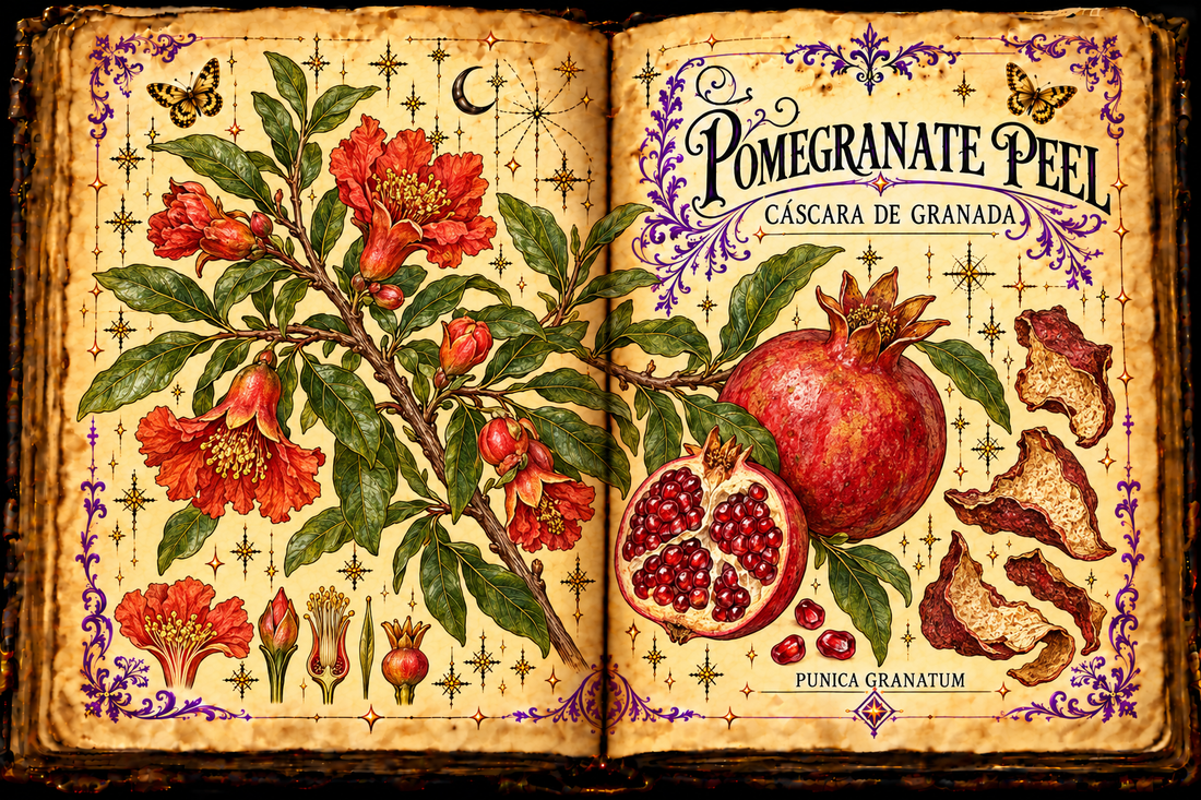 Open aged-parchment grimoire with hand-drawn Punica granatum branches, red-orange flowers, whole and cut pomegranate fruit, dried peel, purple flourishes and gold butterflies, titled Pomegranate Peel and Cáscara de Granada