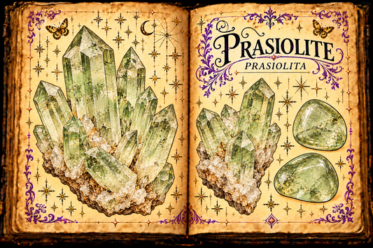 Open aged-parchment grimoire with ink and watercolor studies of pale-green prasiolite quartz crystals and tumbled stones, titled Prasiolite and Prasiolita.
