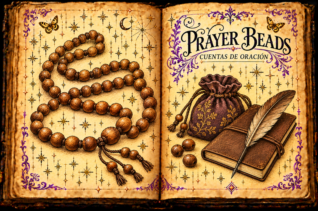 Open aged-parchment grimoire showing a wooden bead strand, a fabric pouch, notebook and quill, titled Prayer Beads and Cuentas de Oración.