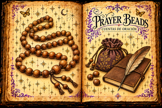 Open aged-parchment grimoire showing a wooden bead strand, a fabric pouch, notebook and quill, titled Prayer Beads and Cuentas de Oración.
