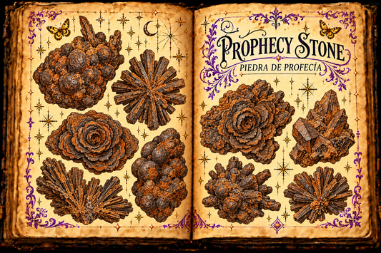 Open aged-parchment grimoire with ink and watercolor studies of brown-black iron-oxide pseudomorph specimens, titled Prophecy Stone and Piedra de Profecía.