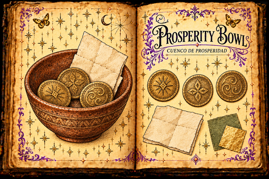 Open parchment grimoire titled Prosperity Bowl and Cuenco de prosperidad, illustrating a brown bowl, three decorative coins, folded paper and green and gold paper.