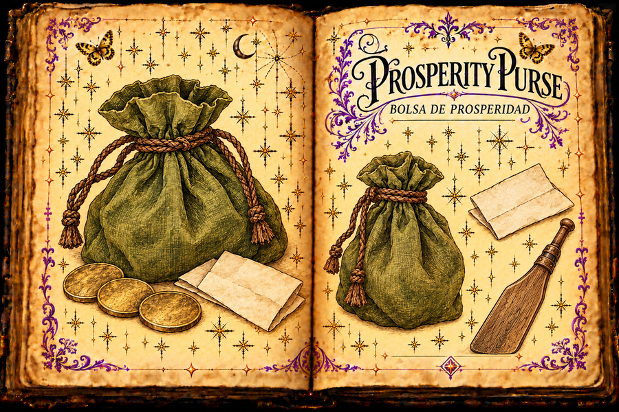 Open parchment grimoire with a green cloth prosperity purse, coins, folded papers and a small rudder study; English and Spanish titles.