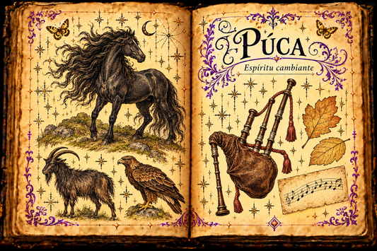 Open aged grimoire titled Púca and Espíritu cambiante, with a dark horse, goat, eagle, bagpipes, autumn leaves and a music card.