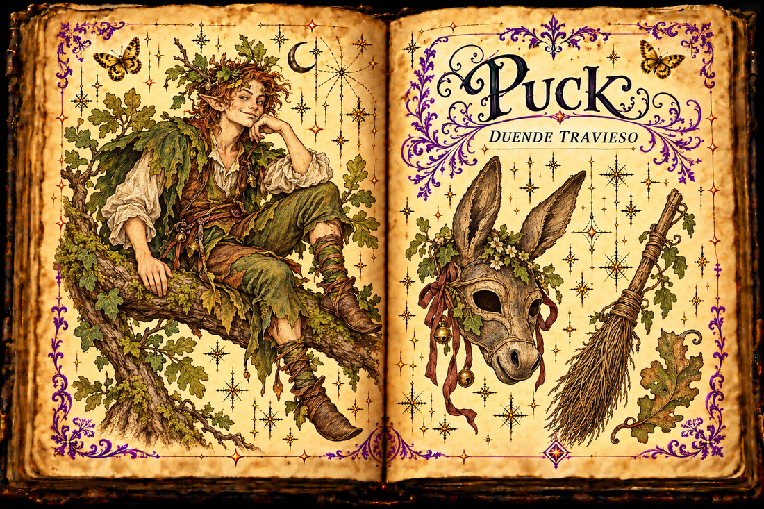 Open parchment grimoire showing Puck as a woodland sprite, with a theatre donkey mask and broom; English and Spanish titles.