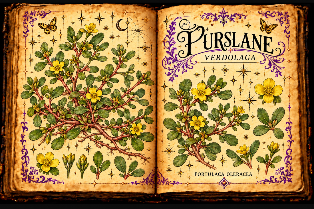 Purslane, Portulaca oleracea, with reddish succulent stems, fleshy leaves and yellow flowers on an open parchment grimoire labeled Verdolaga