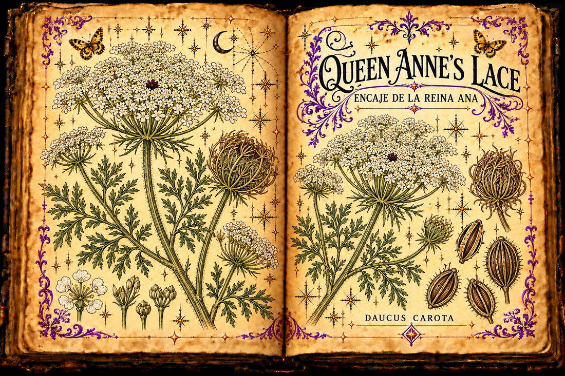 Open aged-parchment grimoire illustration of Queen Anne’s lace, Daucus carota, with white umbels, lacy leaves, purple flourishes, and gold butterflies.