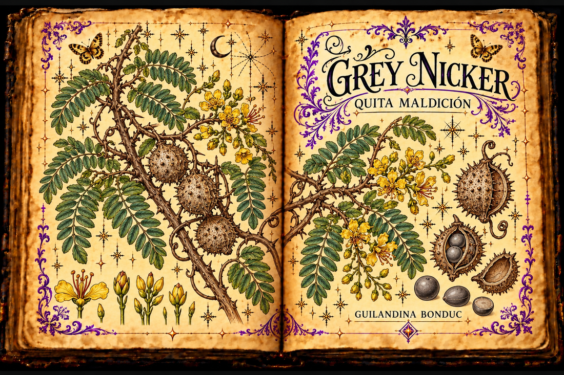 Open aged grimoire botanical illustration of Guilandina bonduc, with bipinnate leaves, yellow flowers, prickly pods and grey seeds
