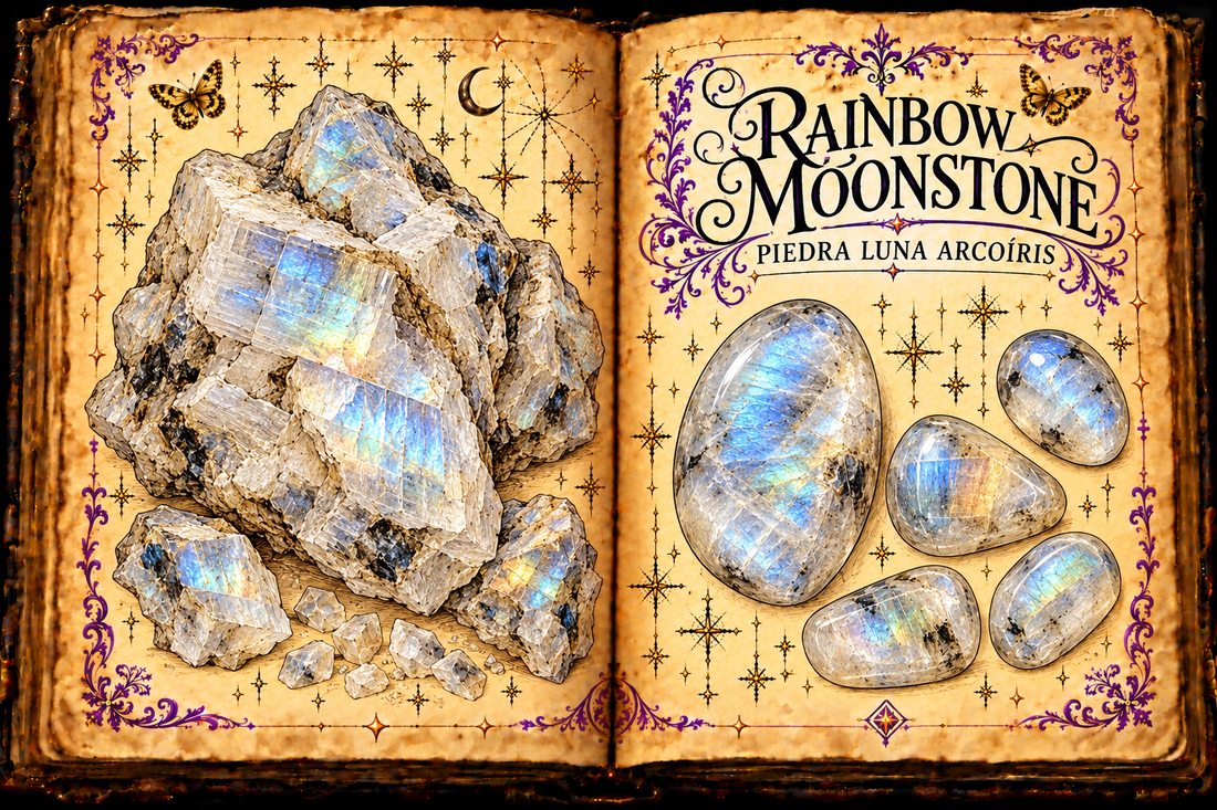 Open aged-parchment grimoire with ink and watercolor studies of milky rainbow moonstone rough and tumbled labradorite showing restrained blue and multicolor flashes, titled Rainbow Moonstone and Piedra Luna Arcoíris.