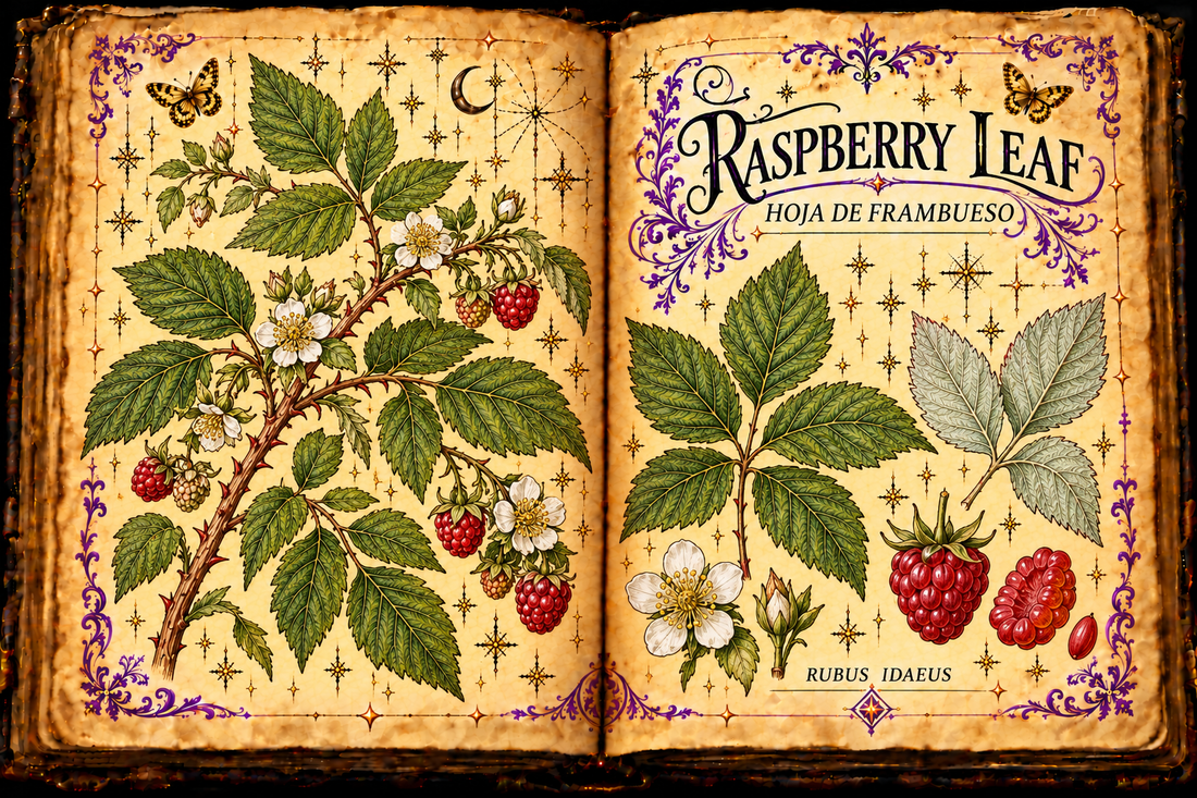 Open aged-parchment grimoire with hand-drawn Rubus idaeus prickly canes, serrated compound leaves and pale undersides, white flowers and red aggregate fruits, purple flourishes and gold butterflies, titled Raspberry Leaf and Hoja de Frambueso