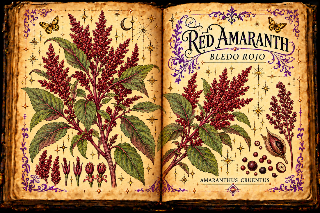 Open aged-parchment grimoire with hand-drawn Amaranthus cruentus stems, broad leaves, crimson flower panicles, purple flourishes and gold butterflies, titled Red Amaranth and Bledo Rojo