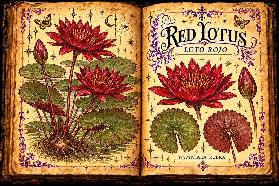 Open aged-parchment grimoire with crimson Nymphaea rubra flowers, notched toothed water-lily leaves, botanical details, purple flourishes, and the titles Red Lotus and Loto rojo.