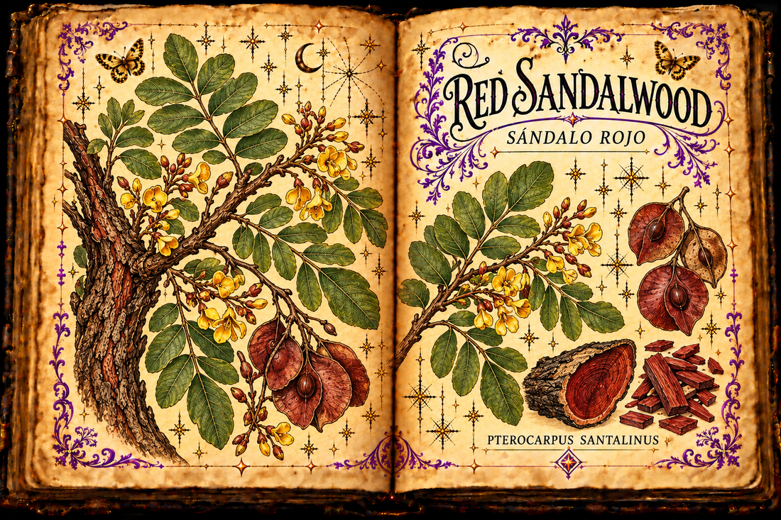 Open aged-parchment grimoire illustration of red sandalwood, Sándalo Rojo, Pterocarpus santalinus, with leaves, flowers, winged pods, red heartwood, purple flourishes, and gold butterflies.