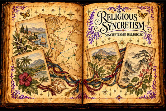 Open aged-parchment grimoire titled Religious Syncretism and Sincretismo religioso, with archival folios, a historical map and woven threads in ink and watercolor.