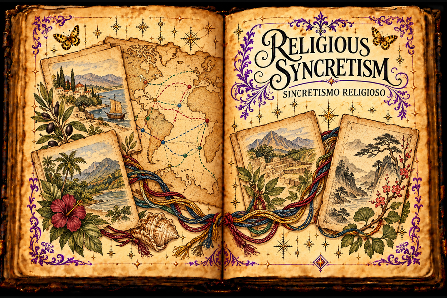 Open aged-parchment grimoire titled Religious Syncretism and Sincretismo religioso, with archival folios, a historical map and woven threads in ink and watercolor.