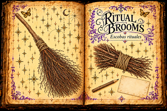 Open aged-parchment grimoire with a twig besom, binding study, pencil and blank card, titled Ritual Brooms and Escobas rituales with purple flourishes and gold butterflies.