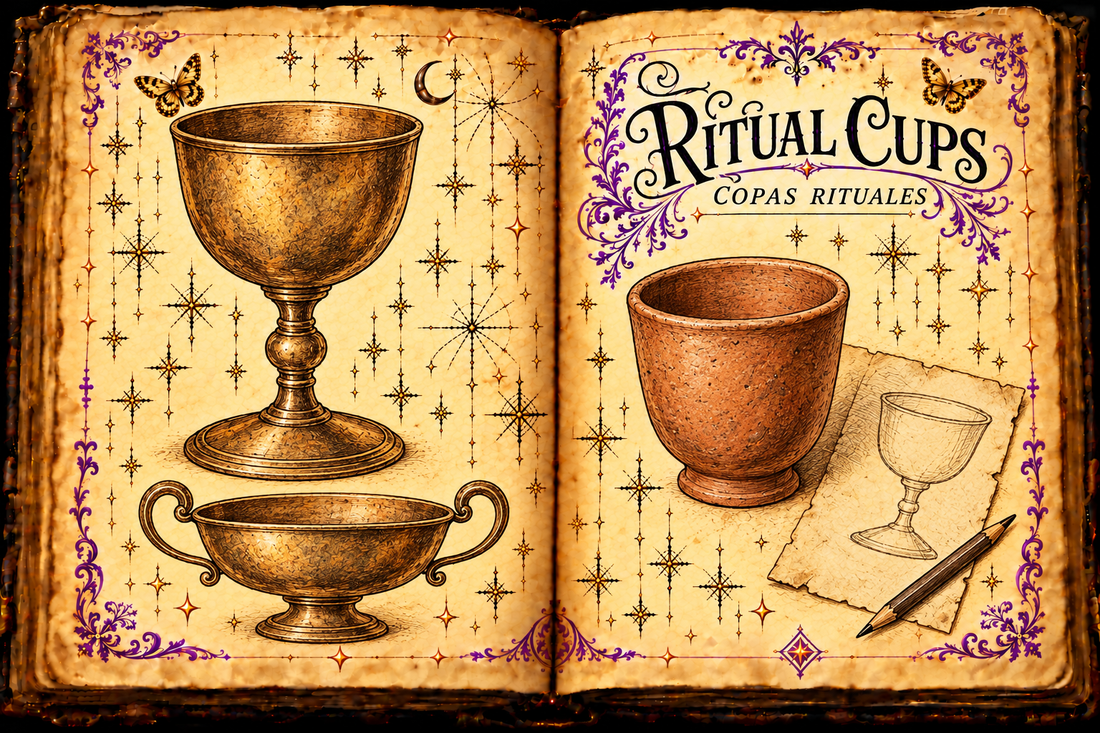 Open aged-parchment grimoire titled Ritual Cups / Copas rituales, with drawings of empty cups, a cup sketch and pencil, purple flourishes, and gold butterflies.