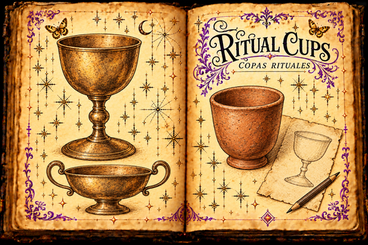 Open aged-parchment grimoire titled Ritual Cups / Copas rituales, with drawings of empty cups, a cup sketch and pencil, purple flourishes, and gold butterflies.