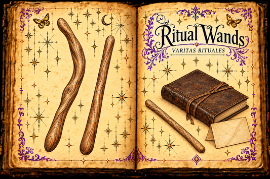 Open aged-parchment grimoire titled Ritual Wands / Varitas rituales, with ink-and-watercolor studies of rounded wooden wands, a journal, purple flourishes and small gold butterflies.