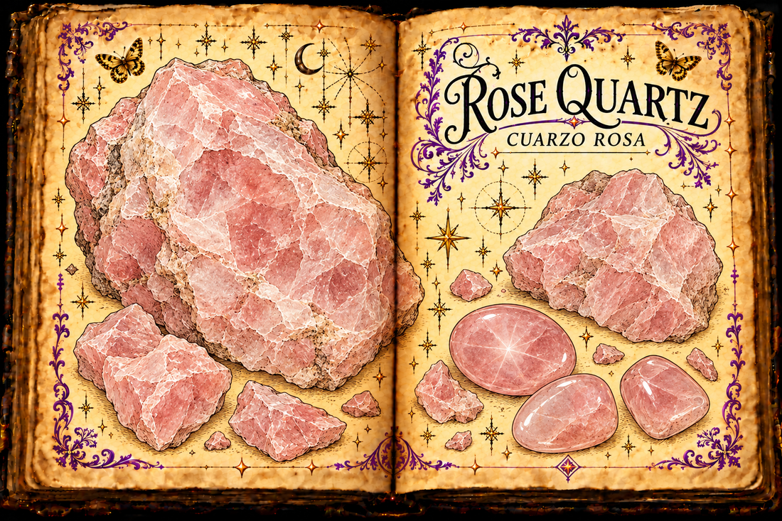 Open aged-parchment grimoire with ink-and-watercolor studies of rough and polished rose quartz, titled Rose Quartz and Cuarzo Rosa.