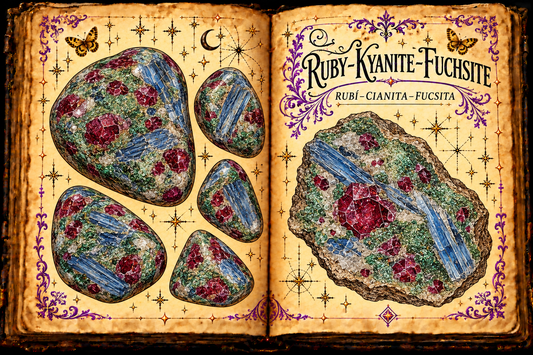 Open aged-parchment grimoire with ink and watercolor studies of tumbled ruby, blue kyanite, and green fuchsite rock, titled Ruby-Kyanite-Fuchsite and Rubí-Cianita-Fucsita.