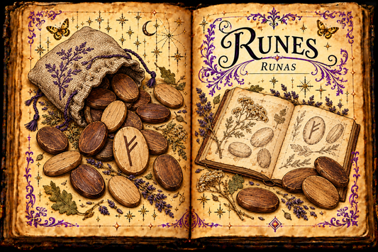 Open aged-parchment grimoire titled Runes / Runas, showing wooden tiles, a Fehu rune, a cloth pouch and a study notebook with purple flourishes and gold butterflies.