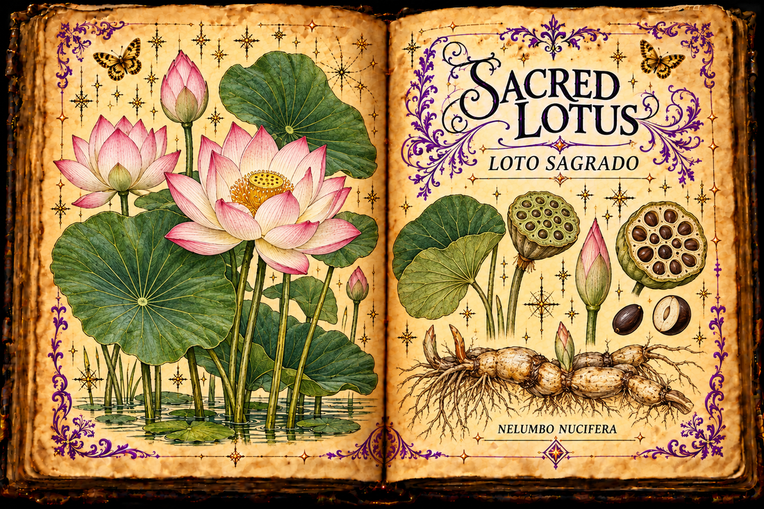 Open aged-parchment grimoire with hand-drawn Nelumbo nucifera flowers, round aerial leaves, seed pods and underwater rhizome, purple flourishes and gold butterflies, titled Sacred Lotus and Loto Sagrado