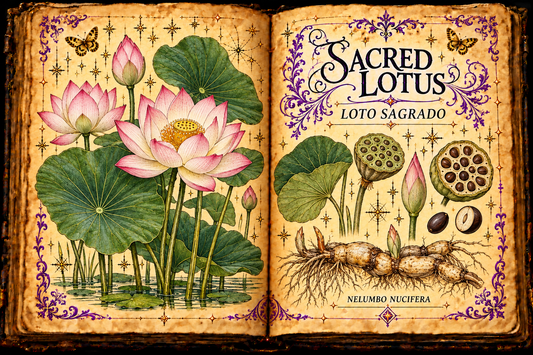 Open aged-parchment grimoire with hand-drawn Nelumbo nucifera flowers, round aerial leaves, seed pods and underwater rhizome, purple flourishes and gold butterflies, titled Sacred Lotus and Loto Sagrado