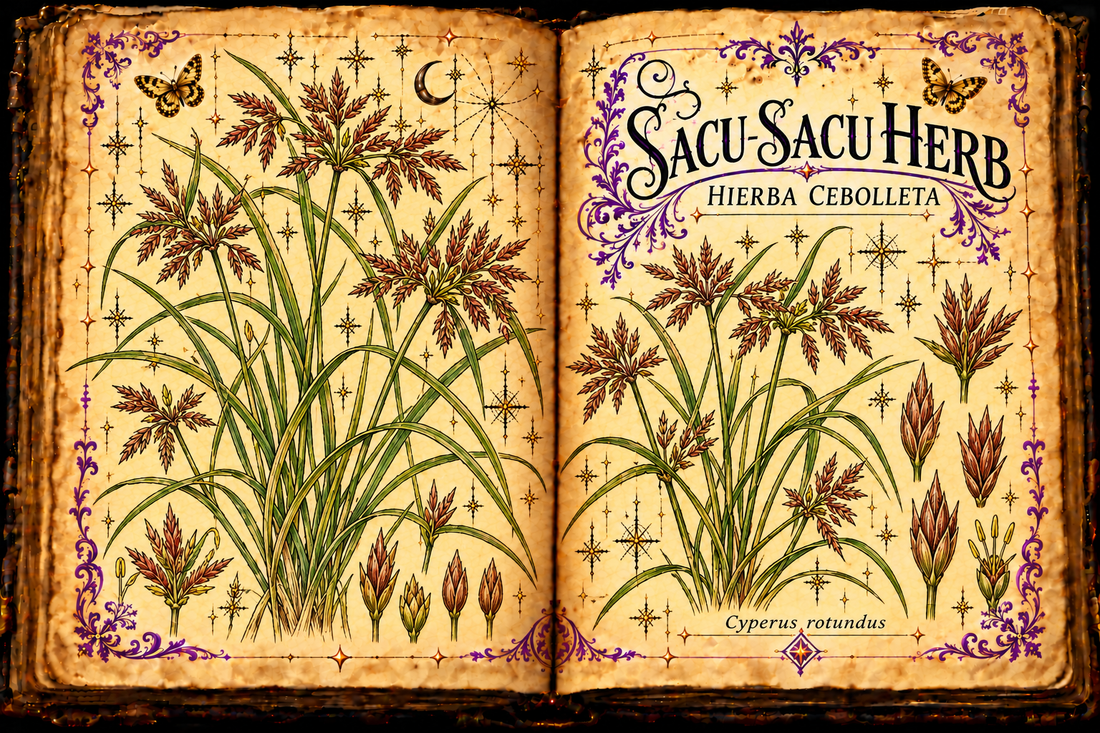 Open aged-parchment grimoire botanical study of Sacu-Sacu Herb, Hierba Cebolleta, Cyperus rotundus