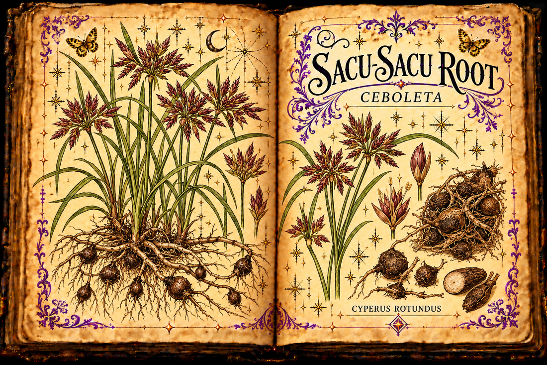 Open aged-parchment grimoire with hand-drawn Cyperus rotundus sedge leaves, reddish-brown spikelets, rhizomes and tubers, purple flourishes and gold butterflies, titled Sacu-Sacu Root and Cebolleta