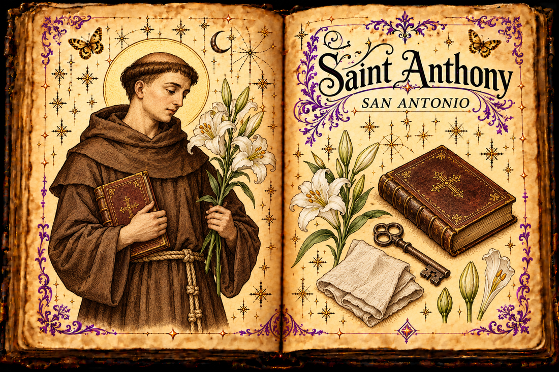 Open aged grimoire showing Saint Anthony in a brown Franciscan habit holding a book and lily, beside a psalter, key, and folded cloth, with English and Spanish titles.
