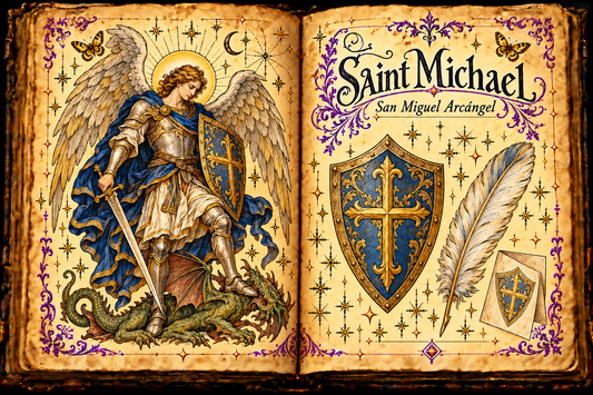 Open parchment grimoire illustration of winged Saint Michael in armor with shield and lowered sword above a dragon, beside shield, feather and paper charm studies; titled Saint Michael / San Miguel Arcángel.