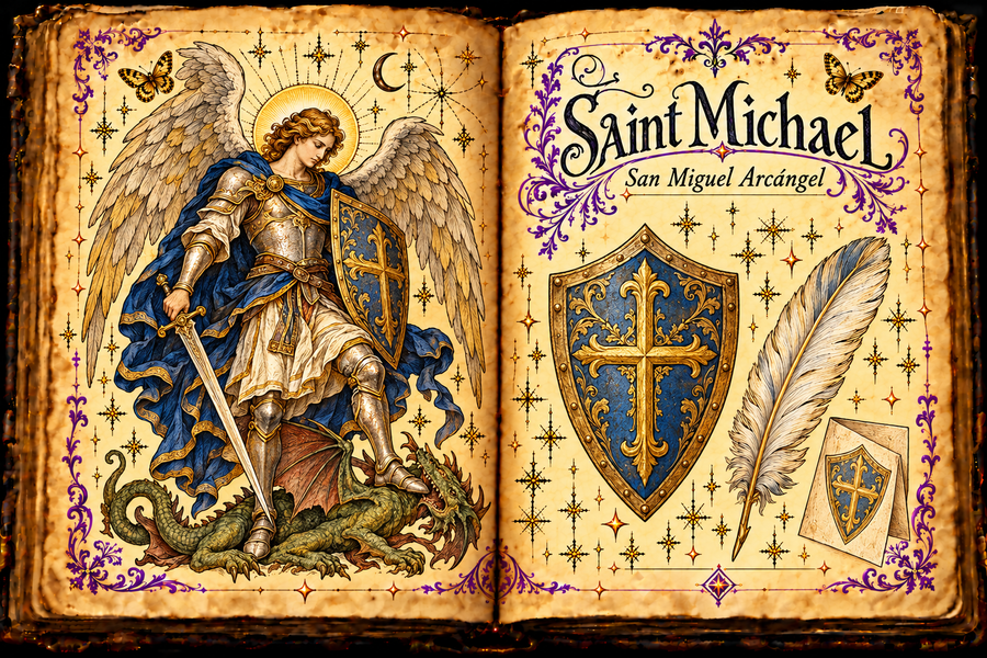 Open parchment grimoire illustration of winged Saint Michael in armor with shield and lowered sword above a dragon, beside shield, feather and paper charm studies; titled Saint Michael / San Miguel Arcángel.