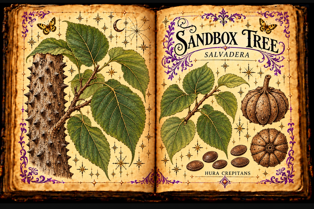Sandbox Tree, Hura crepitans, showing broad leaves, spiny trunk, segmented fruit and flat seeds on an open parchment grimoire labeled Salvadera