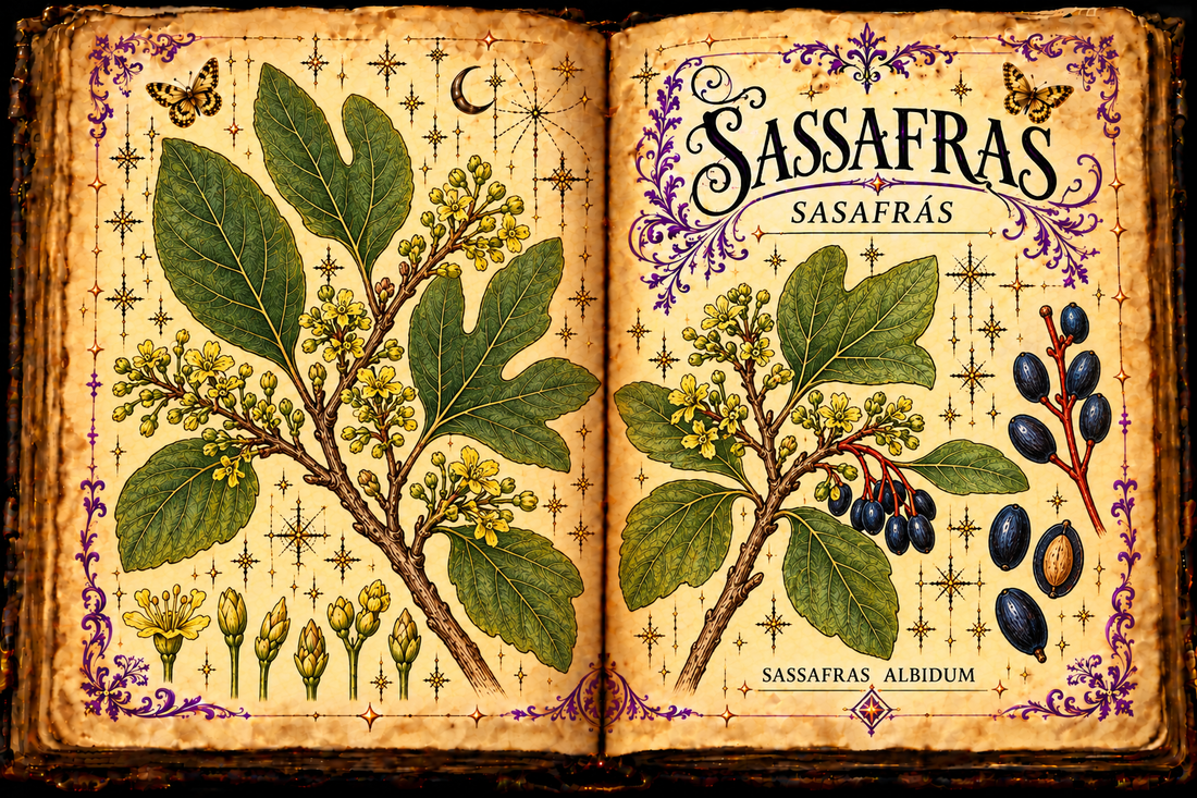 Open aged-parchment grimoire illustration of sassafras, Sassafras albidum, with three leaf shapes, yellow flowers, dark fruit, purple flourishes, and gold butterflies.