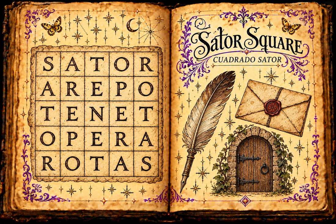 Open aged grimoire showing the five-by-five Sator letter square, writing tools, a closed envelope, and a doorway study, with English and Spanish titles.