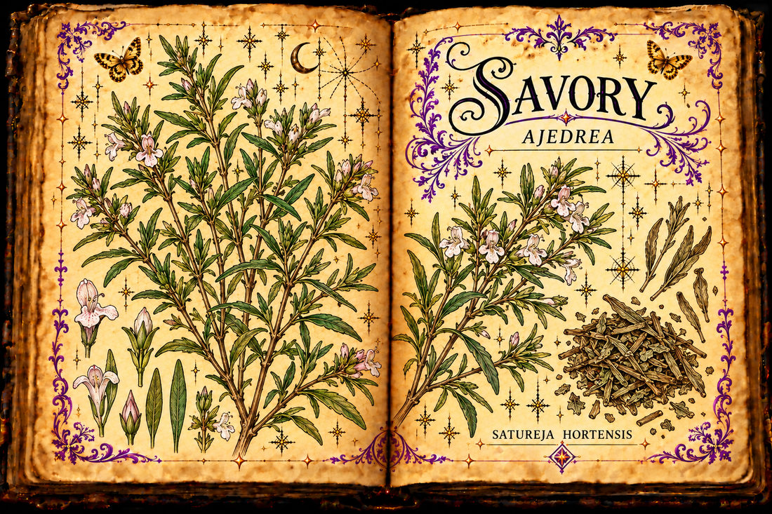Open aged-parchment grimoire with hand-drawn Satureja hortensis stems, narrow leaves, pale flowers, dried savory, purple flourishes and gold butterflies, titled Savory and Ajedrea