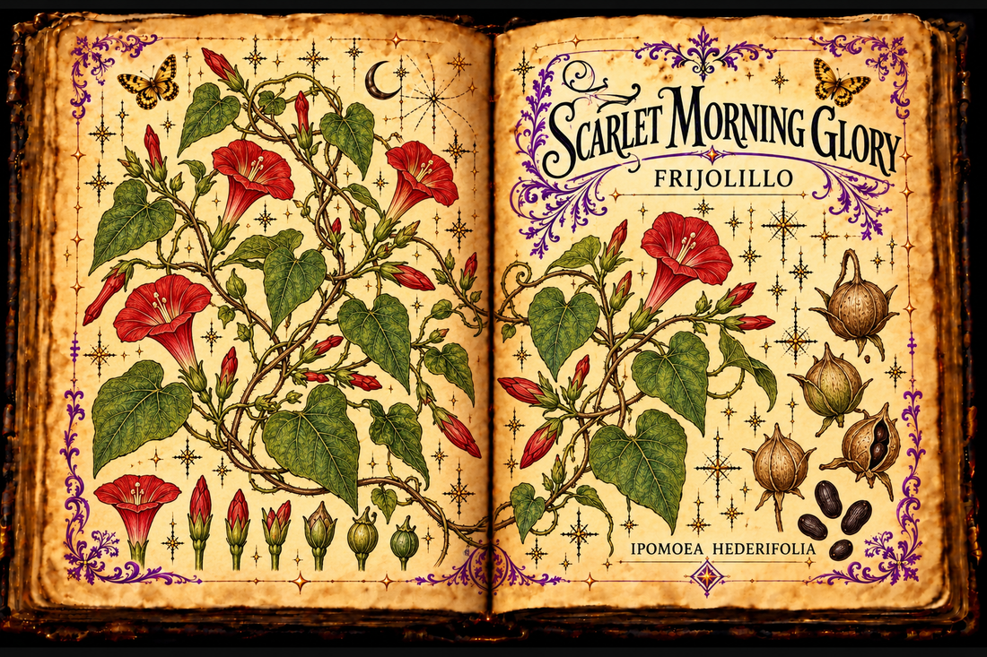 Open aged grimoire botanical illustration of Scarlet Morning Glory, Ipomoea hederifolia, labeled Frijolillo