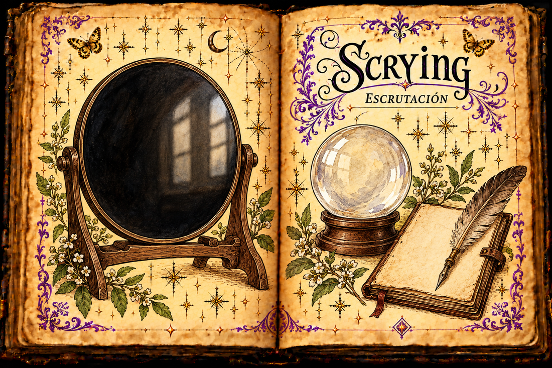 Open aged-parchment grimoire with a dark framed mirror, a clear sphere on a stand, and a notebook, titled Scrying and Escrutación.