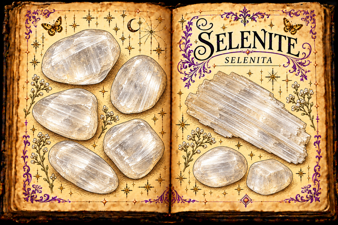 Open aged-parchment grimoire with ink and watercolor studies of colorless selenite gypsum crystals and polished pieces, titled Selenite and Selenita.