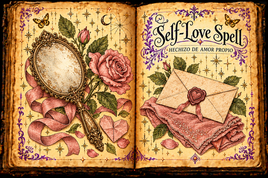 Open parchment grimoire titled Self-Love Spell / Hechizo de amor propio, with an ornate mirror, roses, pink ribbon, paper heart and envelope.